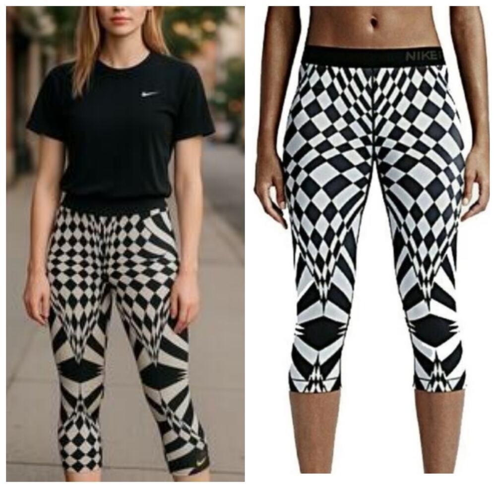 Nike Pro Dri-Fit engineered warped check black & gray capri leggings sz S